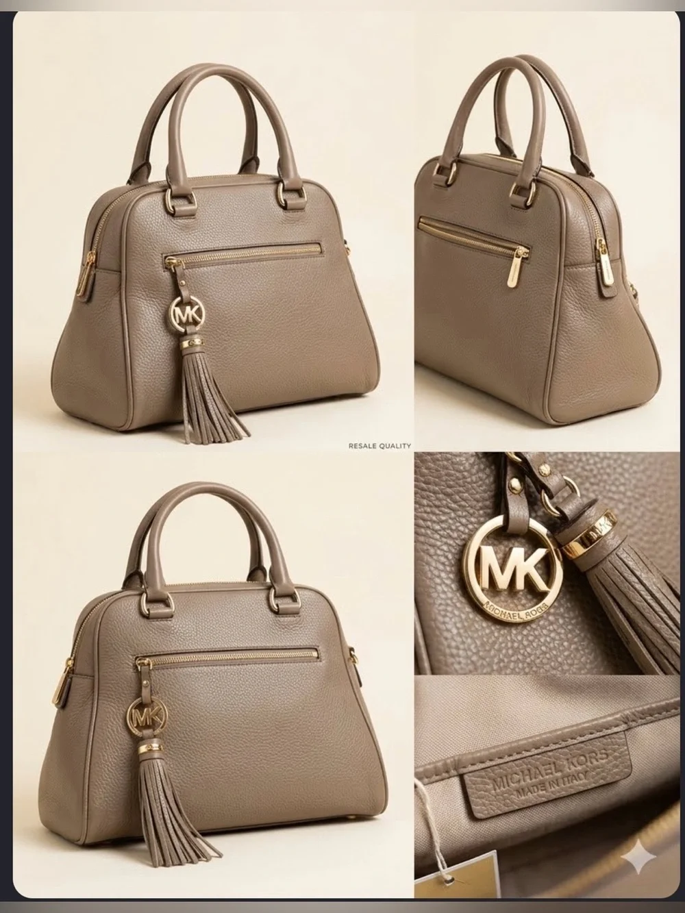 Michael Kors Knox Satchel featuring a prominent tassel and gold-tone hardware